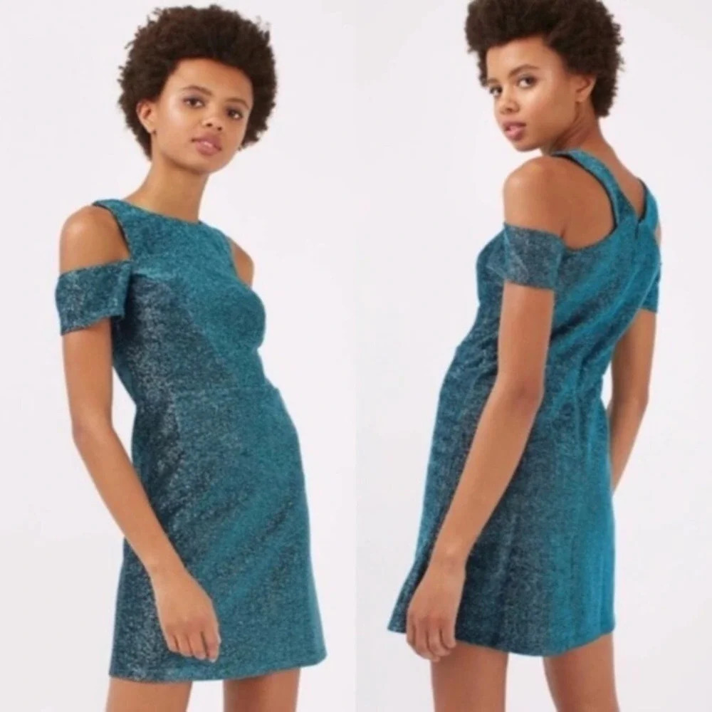 TopShop Teal Metallic Tinsel Cold Shoulder Mini Dress 2 Shiny Formal Short